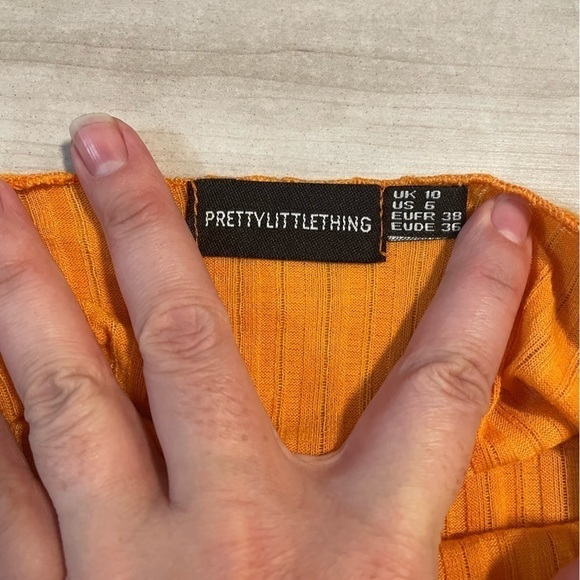 Pretty Little Thing-Orange Frill Edge Scoop Back Short Sleeve Bodycon Dress-SZ 6 - Picture 5 of 12